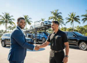 Satisfied customer receiving vehicle from Florida auto shipper