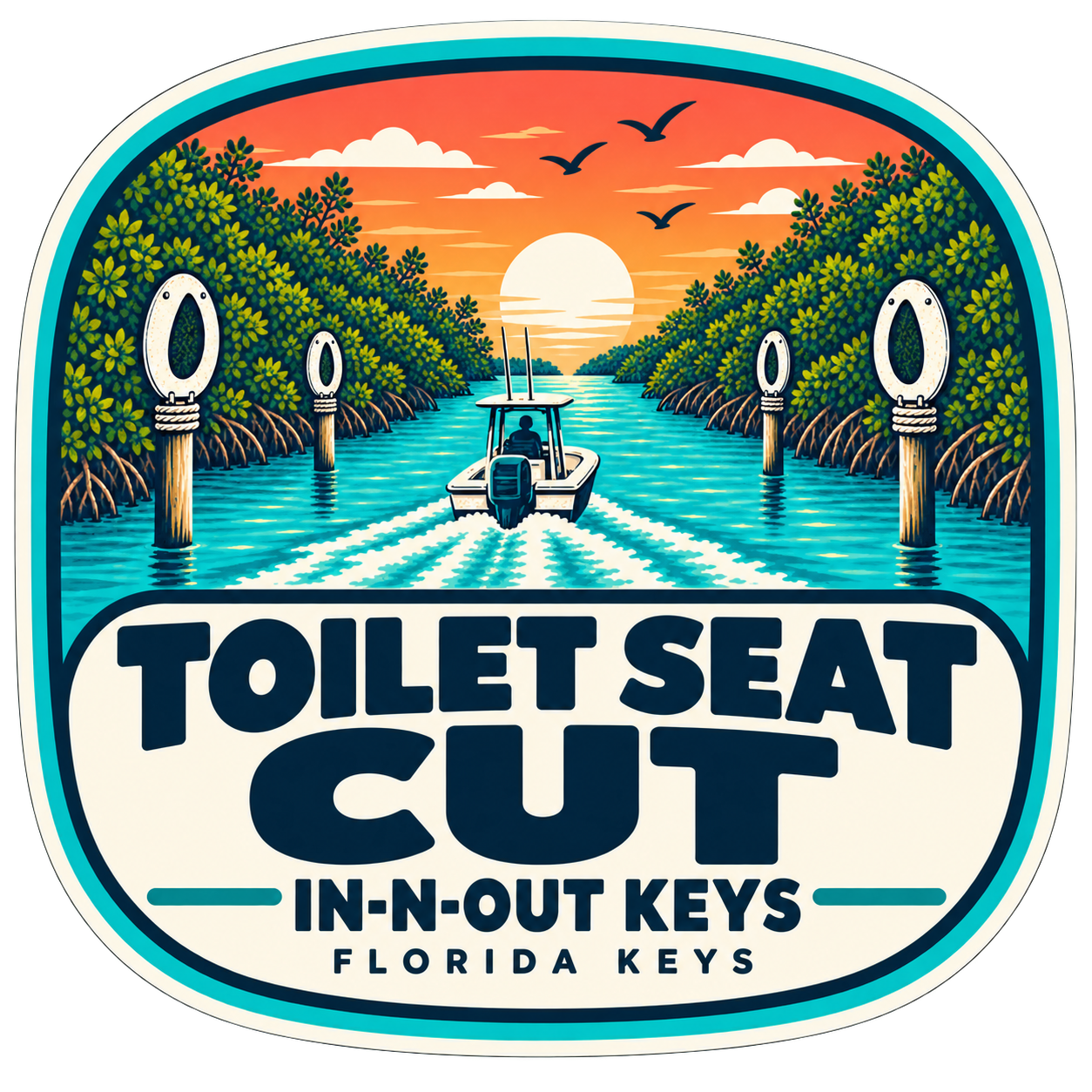 Decorated toilet seats mounted on posts along both sides of Toilet Seat Cut, a channel in Florida Bay off Plantation Key, Islamorada