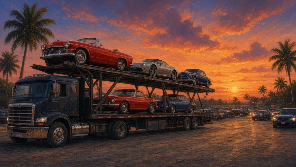 Painted sunset scene of a car hauler carrying red and silver cars along a palm-lined coastal road in Florida