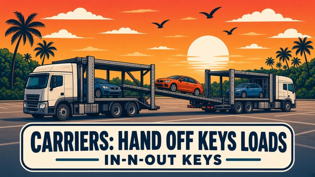 Two car carriers handing off a car in South Florida