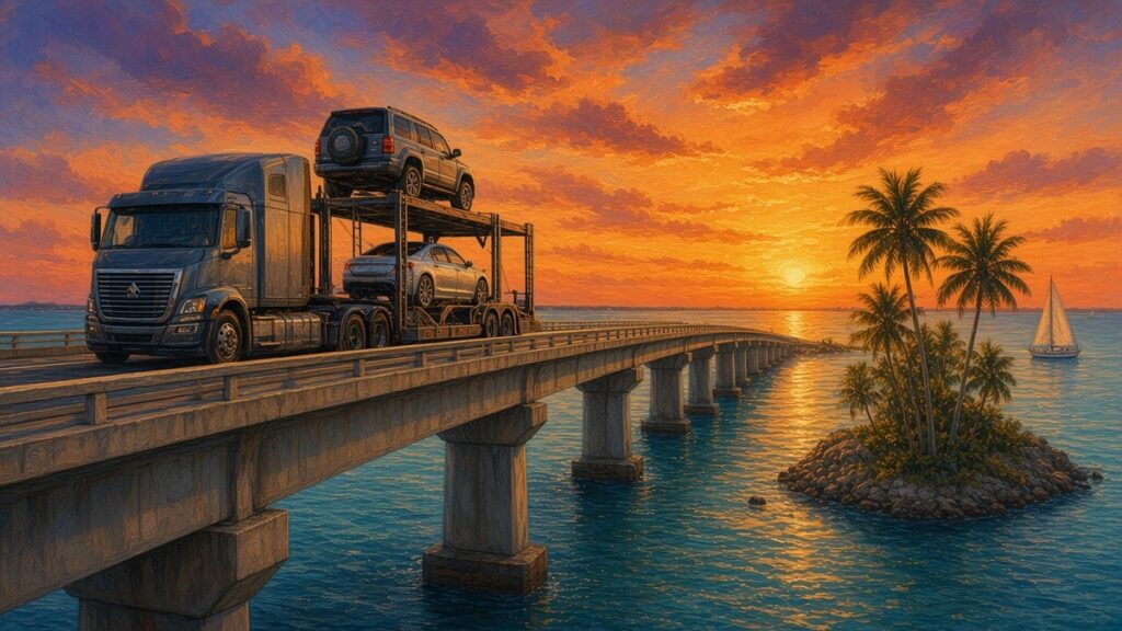 Painted sunset scene of a car hauler carrying cars across a long Florida Keys bridge toward a small palm island