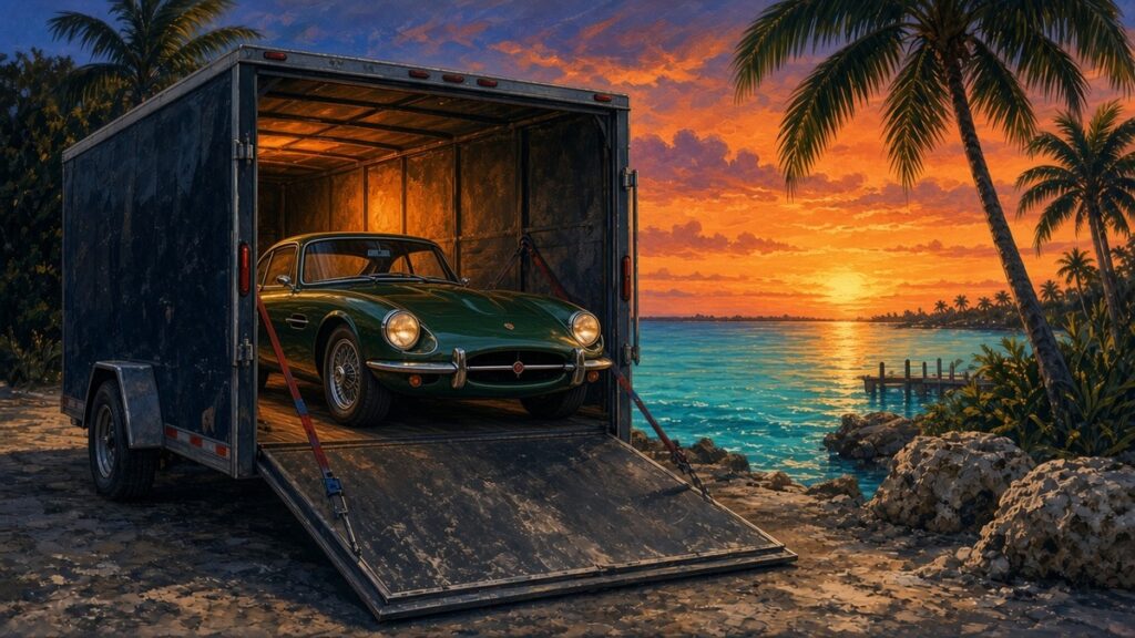 Painted sunset scene of a green classic sports car inside an open enclosed trailer on a Florida Keys shoreline
