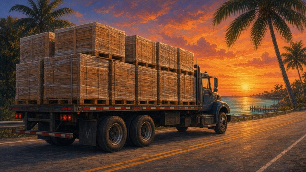 Painted sunset scene of a flatbed truck carrying stacked pallets of freight along the Overseas Highway in the Florida Keys