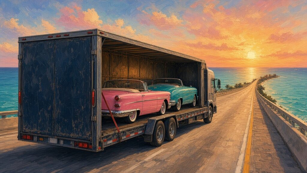 Painted sunset scene of an open car hauler trailer carrying two vintage cars along the Overseas Highway