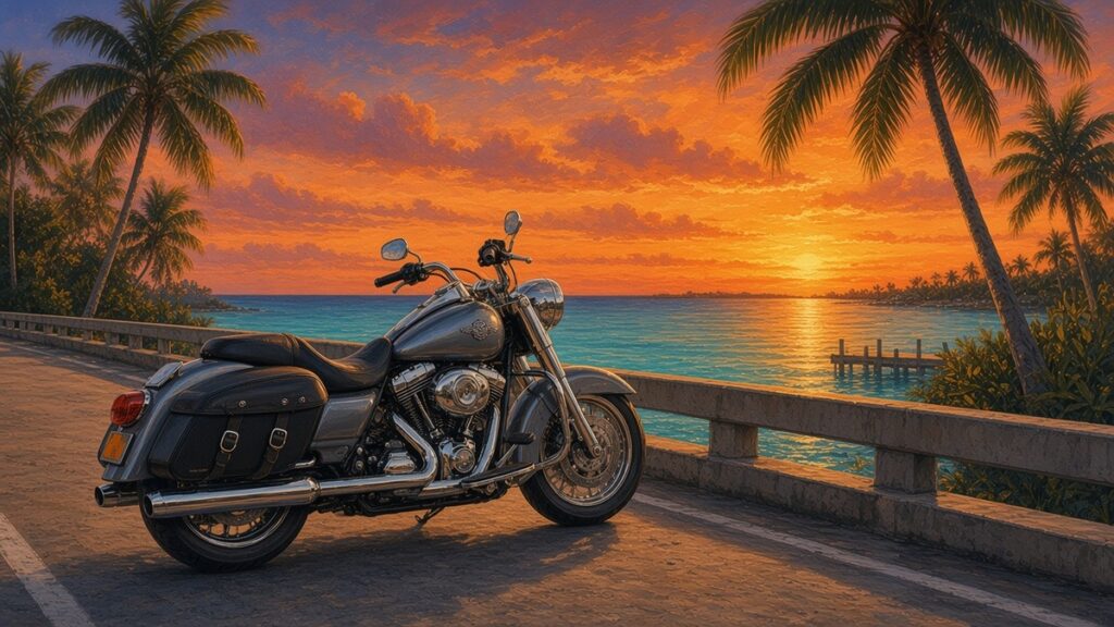 Painted sunset scene of a touring motorcycle parked by a bridge railing over turquoise water in the Florida Keys