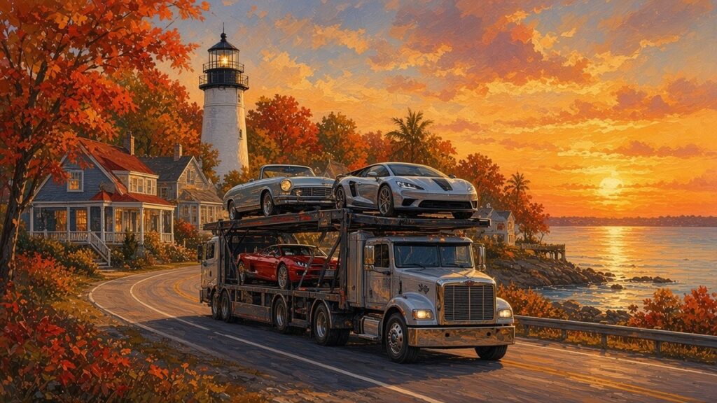 Painted sunset scene of a car hauler carrying sports cars past a New England lighthouse and autumn foliage