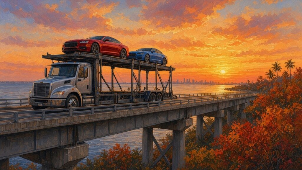 Painted sunset scene of a car hauler carrying red and blue cars across a bridge with autumn foliage