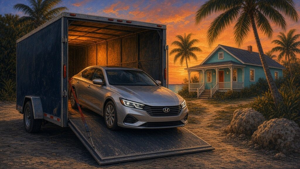 Painted sunset scene of a silver sedan inside an open enclosed trailer near a turquoise Keys cottage