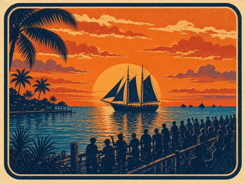 Vintage Florida Keys postcard illustration: Mallory Square