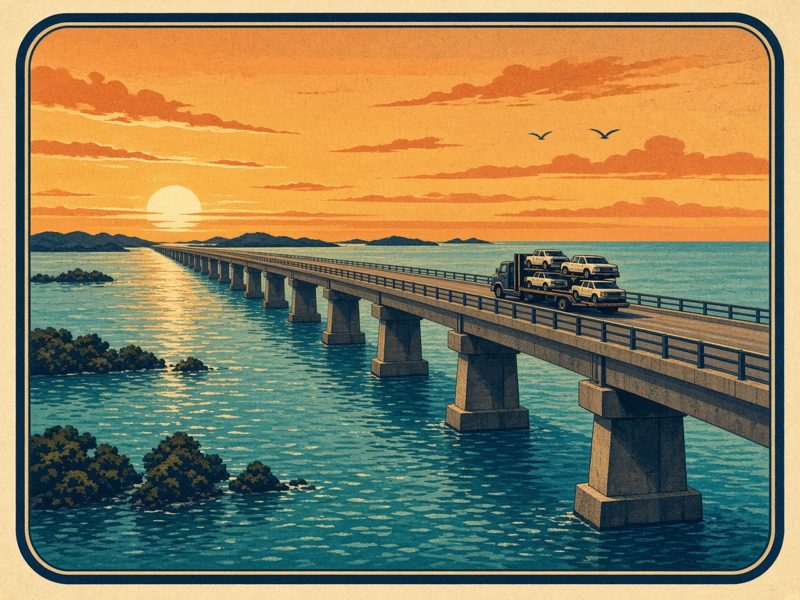 Vintage Florida Keys postcard illustration: Seven Mile Bridge