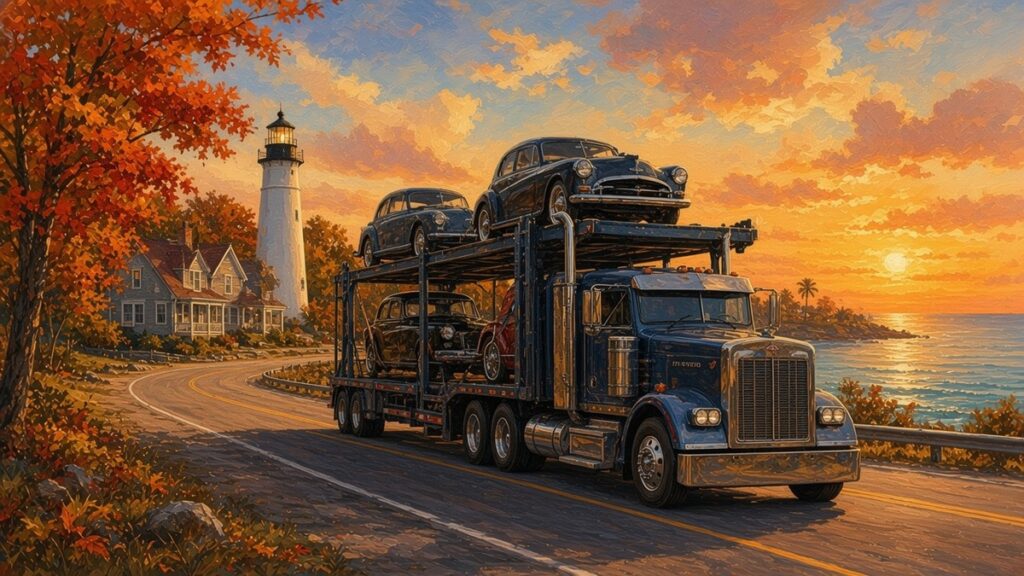 Painted sunset scene of a car hauler loaded with cars on a coastal road with autumn trees and a lighthouse