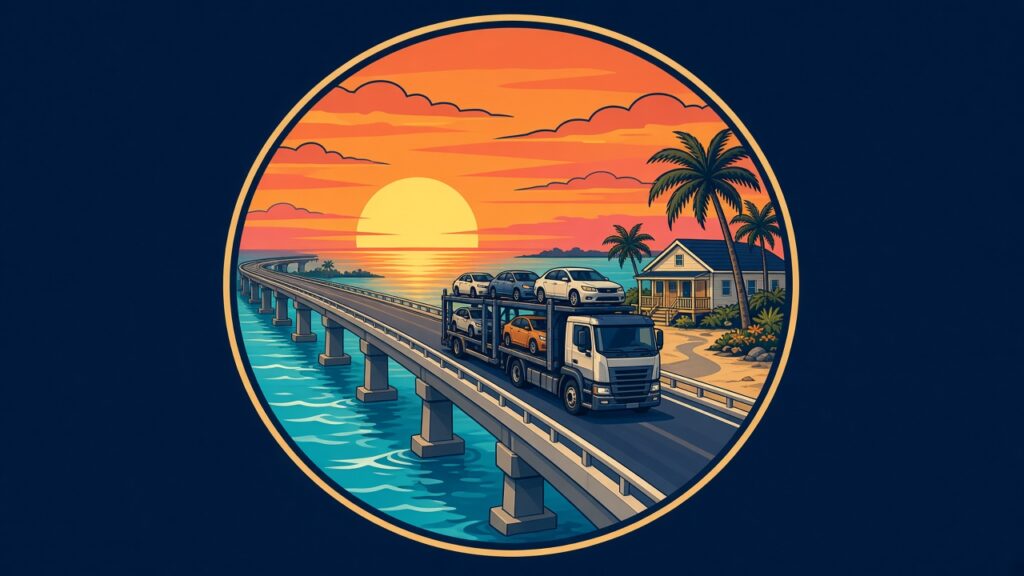 Illustrated car carrier crossing the Overseas Highway at sunset toward a Florida Keys home